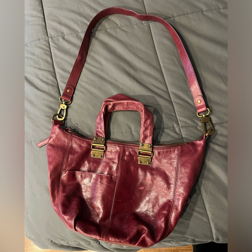 HOBO Burgundy Leather Shoulder Bag with Brass Hardware